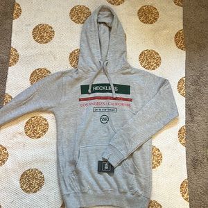 Men’s young and reckless logo, pull over hoodie, sweatshirt, gray, green red